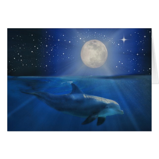 Tarjeta de cumpleaños feliz para delfines y luna (Anverso (Horizontal))