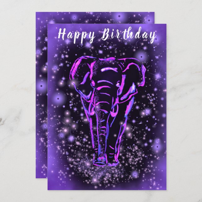 Tarjeta de cumpleaños feliz para el Elefante Púrpu (Anverso / Reverso)