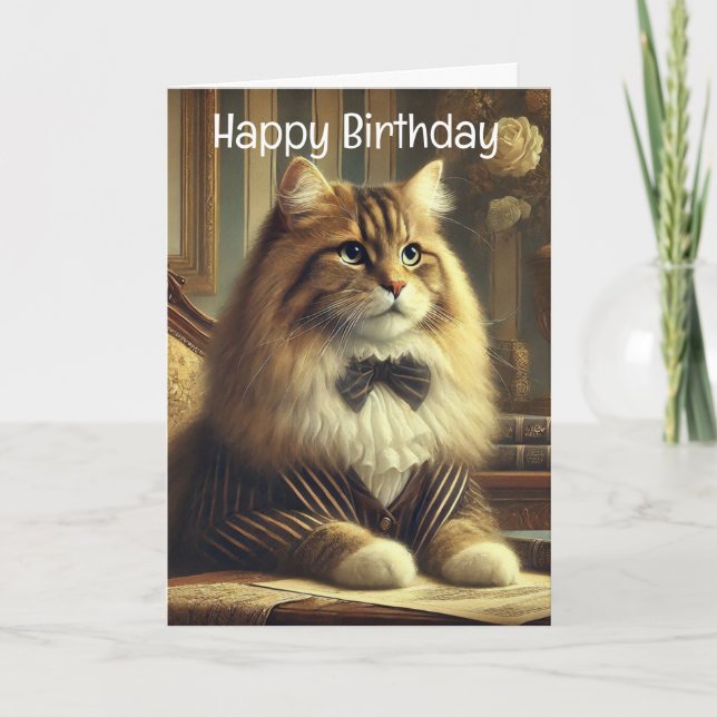 Tarjeta de cumpleaños feliz para gatos bien vestid (Anverso)