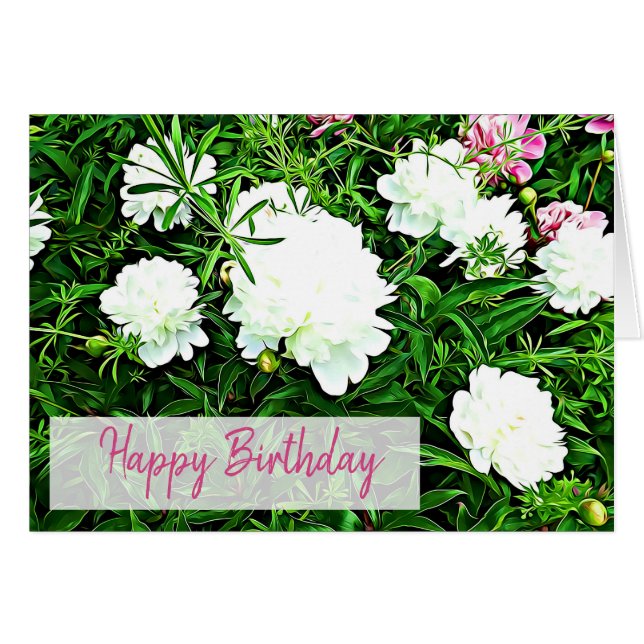 Tarjeta de cumpleaños feliz para las flores rosada (Anverso (Horizontal))