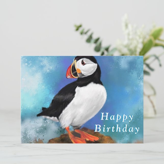 Tarjeta de cumpleaños feliz para pájaros Puffin (Anverso de pie)