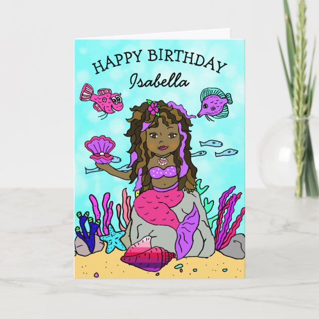 Tarjeta de cumpleaños feliz para sirenas moradas y (Anverso)