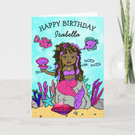 Tarjeta de cumpleaños feliz para sirenas moradas y