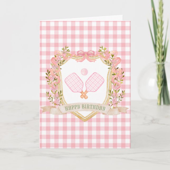 Tarjeta de cumpleaños feliz Preppy Pink Pickleball (Anverso)