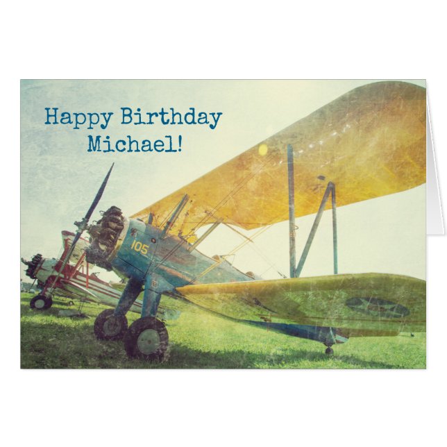 Tarjeta de cumpleaños feliz "Prevuelo" de Biplane  (Anverso (Horizontal))