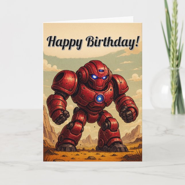 Tarjeta de cumpleaños feliz - Red Robot Mech (Anverso)