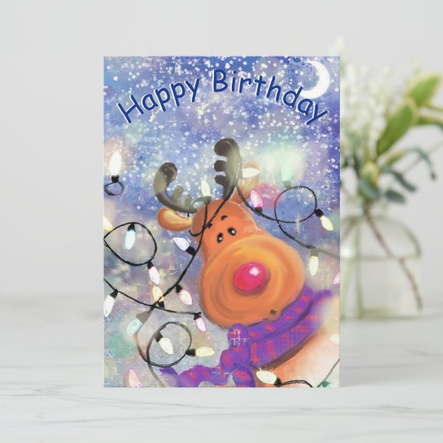 Tarjeta de cumpleaños feliz reno feliz - Navidades (Anverso de pie)