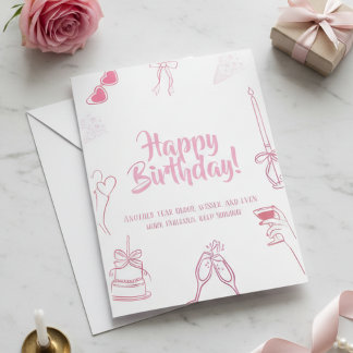 Tarjeta de Cumpleaños Feliz Rosa Elegante con Dibu