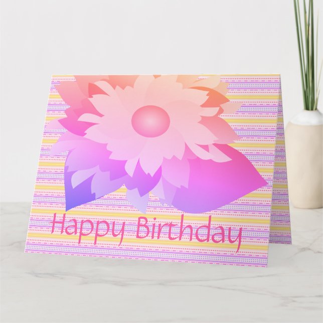 Tarjeta de cumpleaños feliz rosa y morado con flor (Anverso)