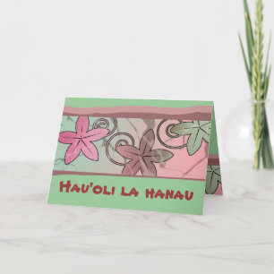 Tarjeta de cumpleaños feliz rosa y verde de Hawái