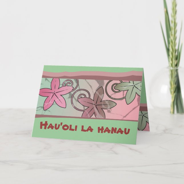 Tarjeta de cumpleaños feliz rosa y verde de Hawái (Anverso)
