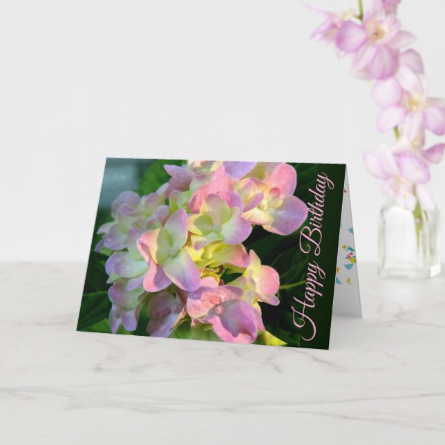 Tarjeta de cumpleaños feliz Sunlit Pink Hydrangea (Orquídea)