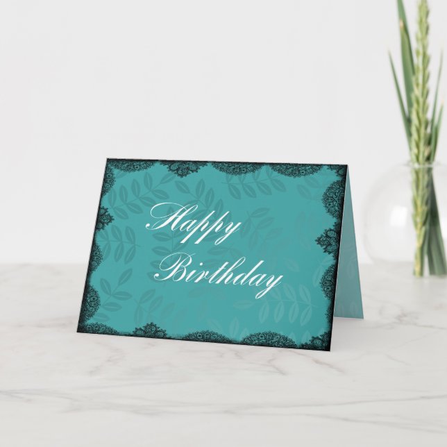 Tarjeta de cumpleaños feliz - Verde azulado encaje (Anverso)