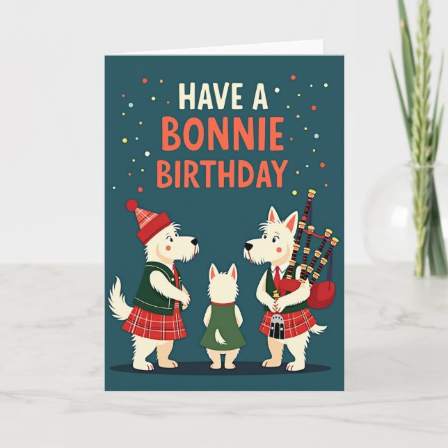 Tarjeta de cumpleaños festiva de perros con kilt (Anverso)