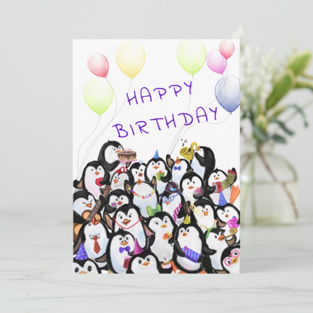 Tarjeta de cumpleaños Fiesta de Pingüinos Felices (Anverso de pie)