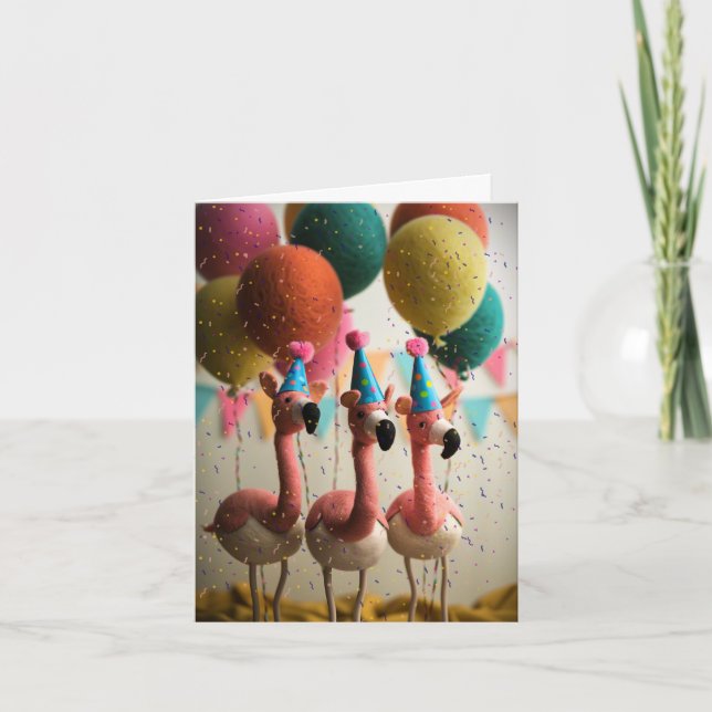 Tarjeta de cumpleaños Flamingos con globos (Anverso)