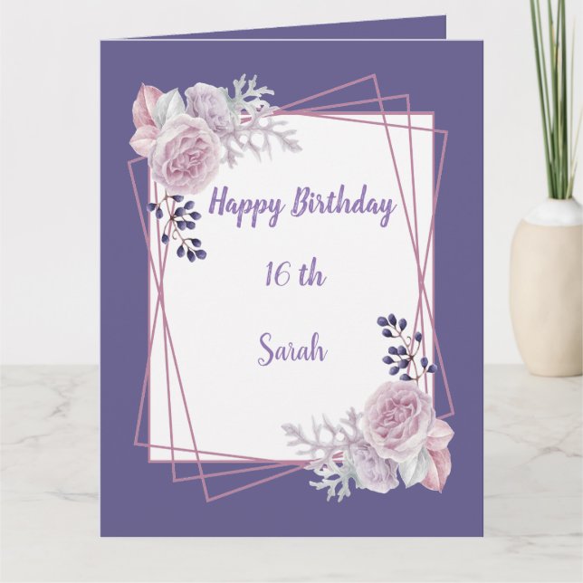Tarjeta de cumpleaños Flora púrpura con marco geom (Anverso)