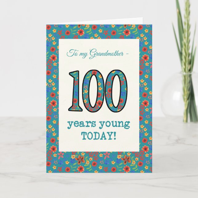 Tarjeta de cumpleaños floral 100 años abuela joven (Anverso)