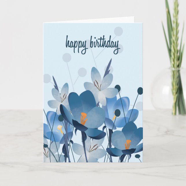 Tarjeta de cumpleaños floral azul de arte plano (Anverso)