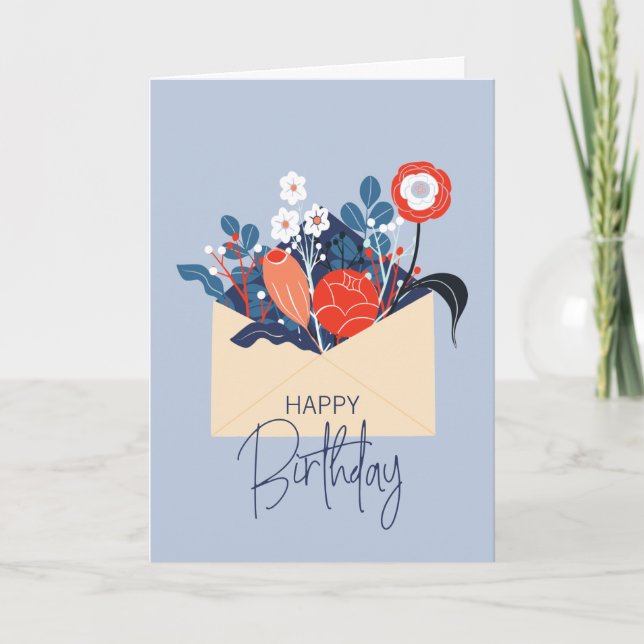 Tarjeta de cumpleaños floral azul escandinavo (Anverso)