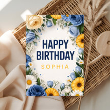 Tarjeta de cumpleaños floral azul y amarillo