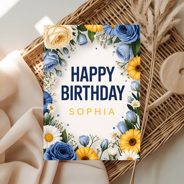 Tarjeta de cumpleaños floral azul y amarillo (Subido por el creador)