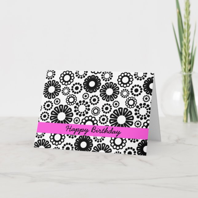 Tarjeta de cumpleaños floral blanca y negra (Anverso)