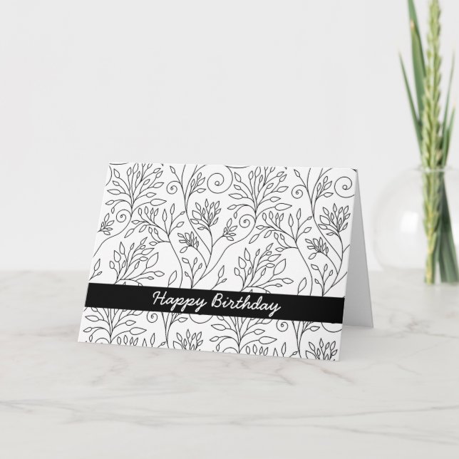 Tarjeta de cumpleaños floral blanca y negra (Anverso)