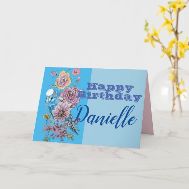 Tarjeta de cumpleaños floral Blue Budgie Watercolo (flor amarilla)