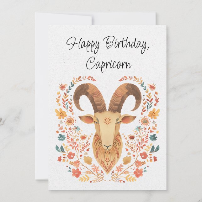 Tarjeta de cumpleaños floral Capricorn Goat Zodiac (Anverso)