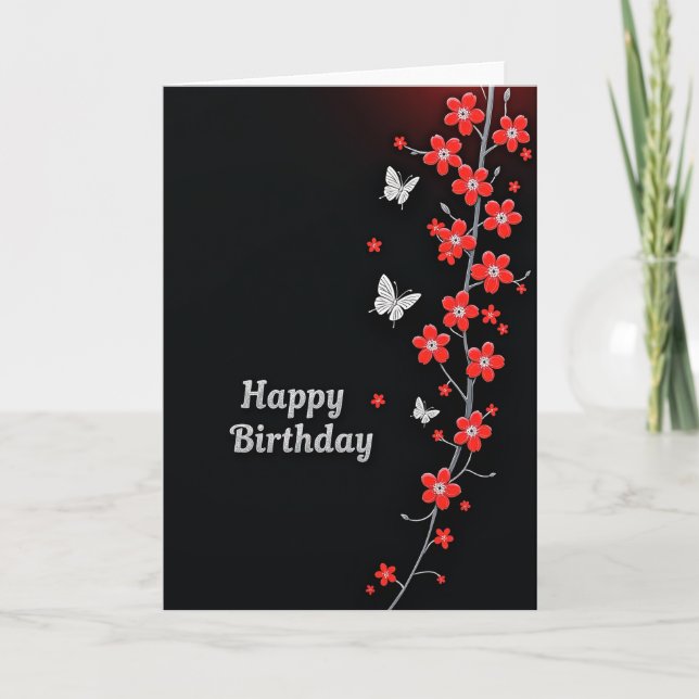 Tarjeta de cumpleaños floral carmesí elegante (Anverso)