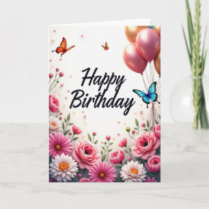 Tarjeta de cumpleaños floral con letra elegante