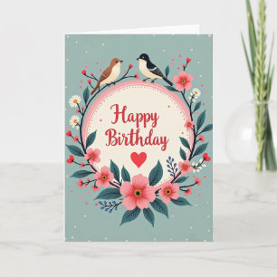 Tarjeta de cumpleaños floral con pájaros