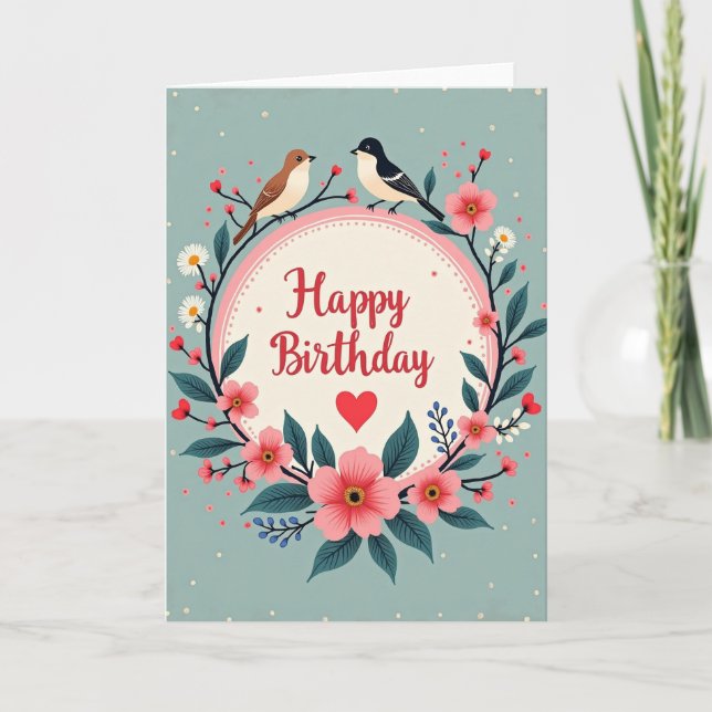 Tarjeta de cumpleaños floral con pájaros (Anverso)