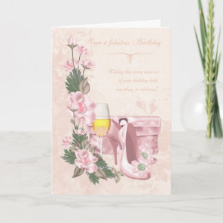 Tarjeta de cumpleaños floral con zapatos, bolso y