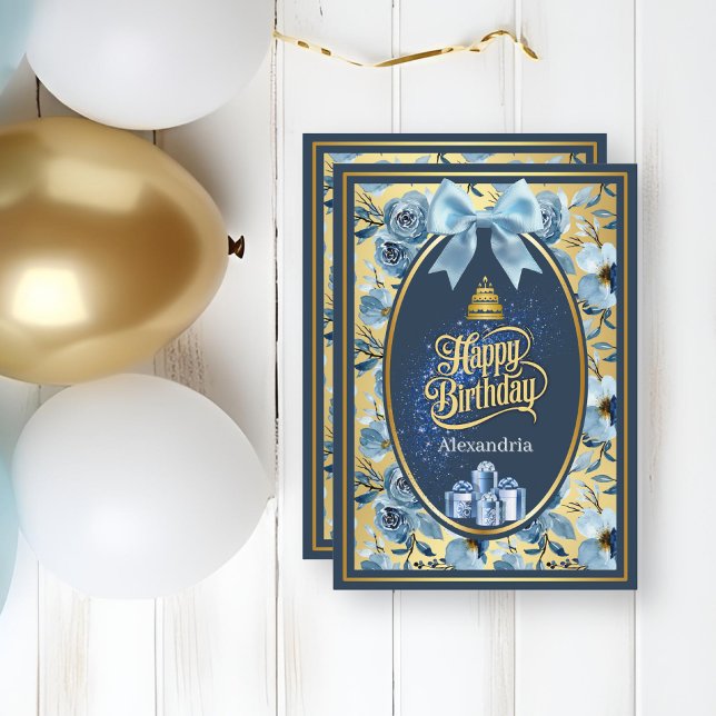 Tarjeta de cumpleaños floral de acuarela azul eleg (Subido por el creador)