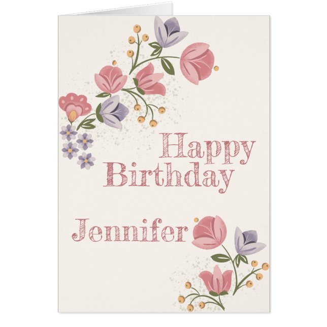 Tarjeta de cumpleaños floral de arte popular (Frente)