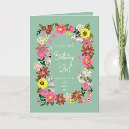 Tarjeta de cumpleaños floral de conejito adorable
