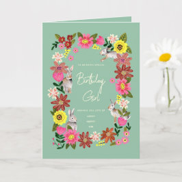 Tarjeta de cumpleaños floral de conejito adorable