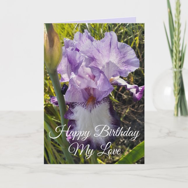 Tarjeta de cumpleaños floral de flor de iris púrpu (Anverso)