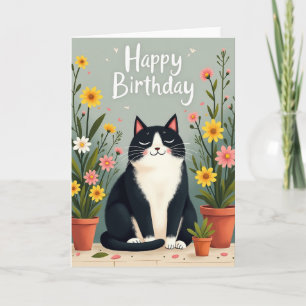 Tarjeta de cumpleaños floral de gato sereno