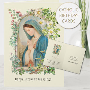 Tarjeta de cumpleaños floral de la Virgen María ca