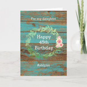 Tarjeta de cumpleaños floral de madera azul rústic