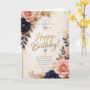 Tarjeta de cumpleaños floral de marino marfil