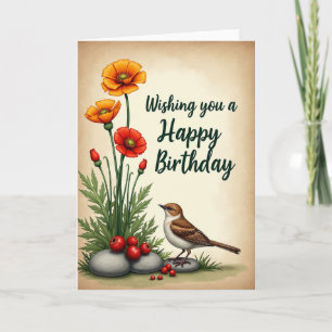 Tarjeta de cumpleaños floral de pájaro alegre