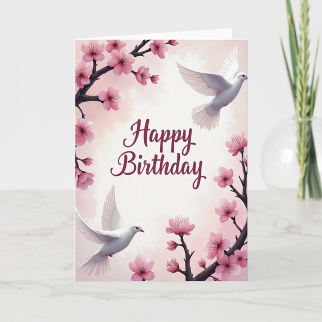 Tarjeta de cumpleaños floral de pájaro suave (Anverso)