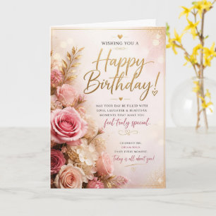 Tarjeta de cumpleaños floral de rosa rosa dorada