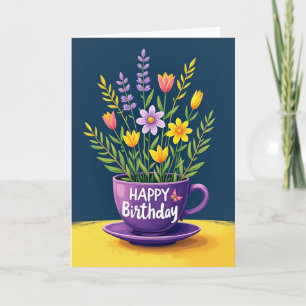 Tarjeta de cumpleaños floral de taza de té