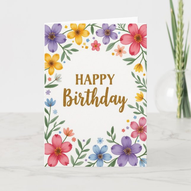Tarjeta de cumpleaños floral dorada (Anverso)
