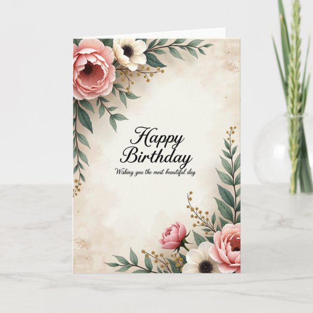Tarjeta de cumpleaños floral exuberante (Anverso)